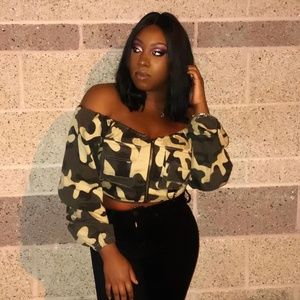 Fashion Nova Camo Off The Shoulder Jacket